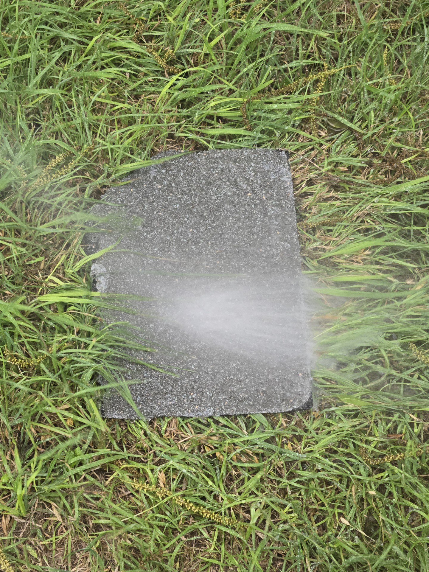High-pressure water test on restored shingle — zero granule loss, granules permanently bonded by Hi-Tech Roof Solutions